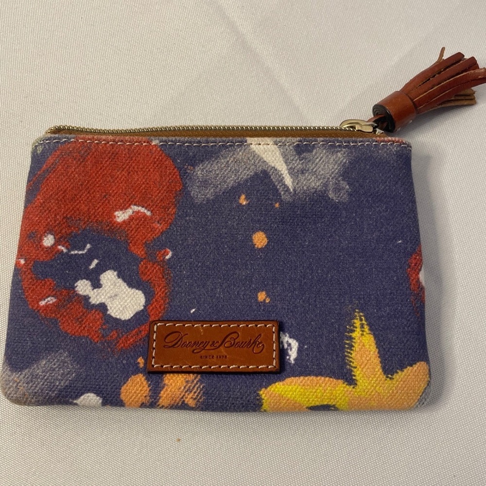 Dooney & Bourke Abstract Graffiti Canvas Coin Pouch Tassel Zip Wallet Blue Red